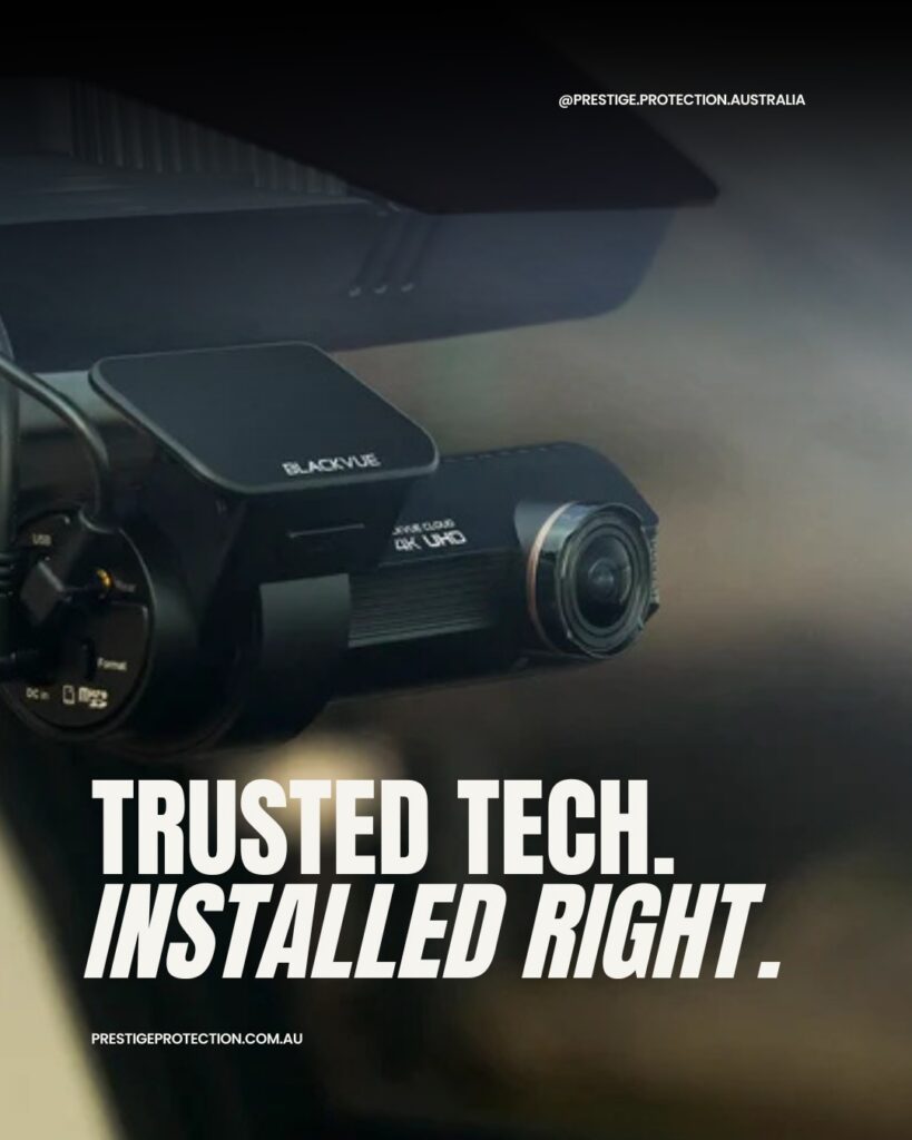 Dash cam mounted behind a windscreen with the caption Trusted Tech Installed Right